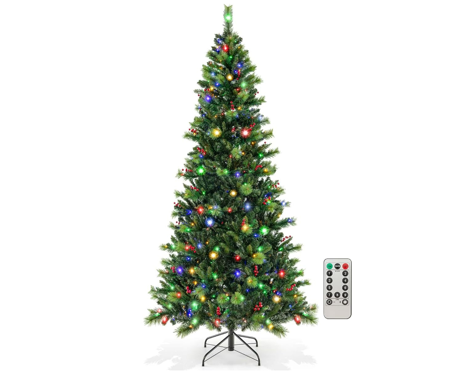 A traditional green colored Christmas tree and a remote control to change the light colors.